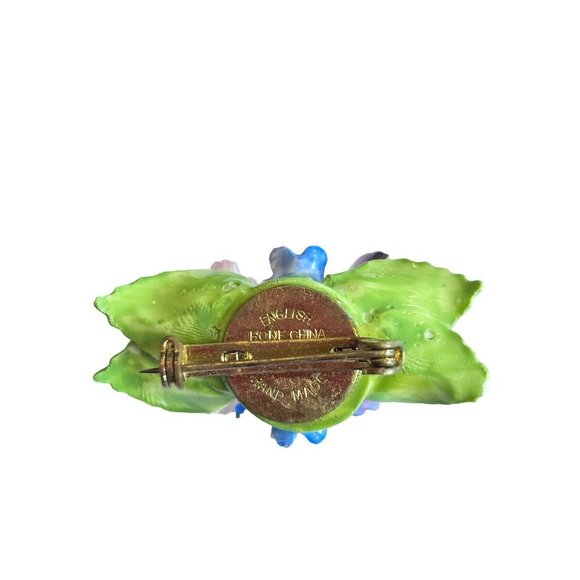 Hand Made English Bone China 1.75" Flower Brooch Pin Green Pink Purple - Picture 4 of 6
